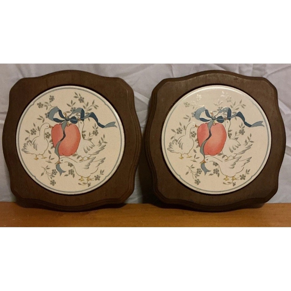 2 Vintage Marmalade Geese Ceramic and Wood Hot Plate‎ Trivet Or Wall Hangings